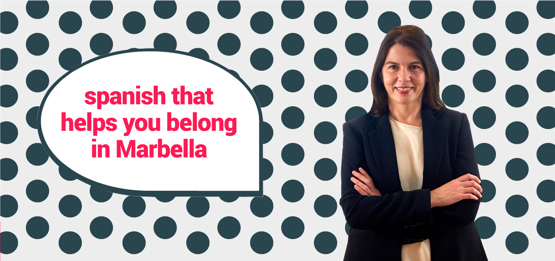 cabecera con lunares y texto do you want to private-learn spanish fluently and stop beeing seen as a guiri 